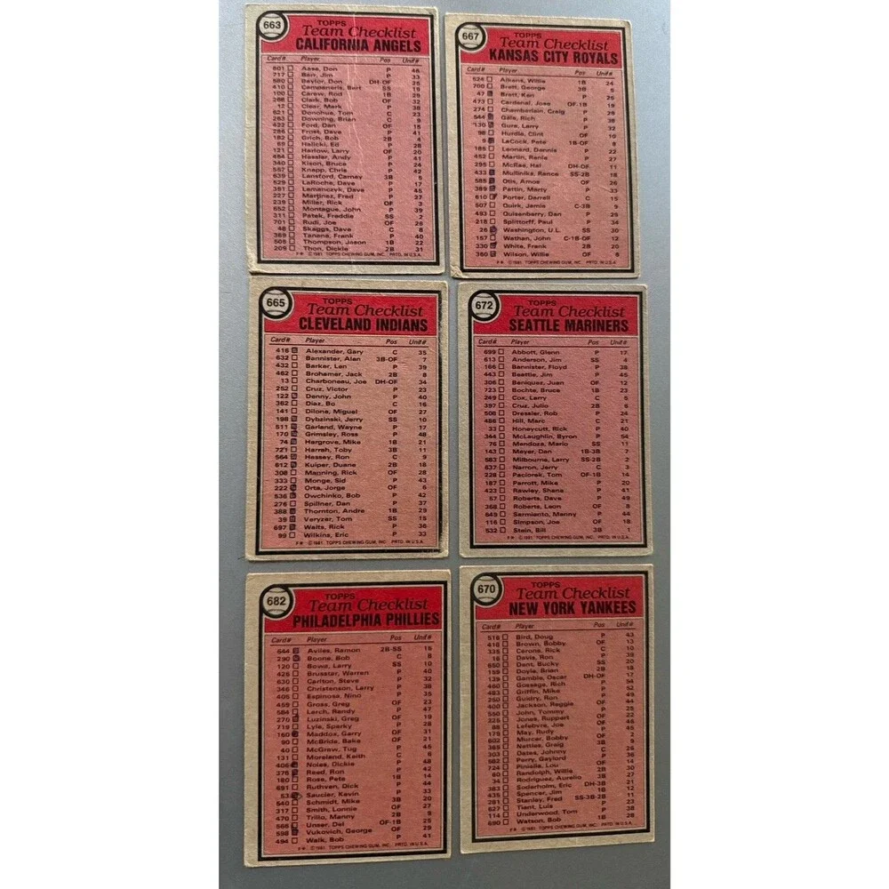 1981 Topps Baseball Team Checklist Lot 6 Yankees Phillies Mariners Clean Backs